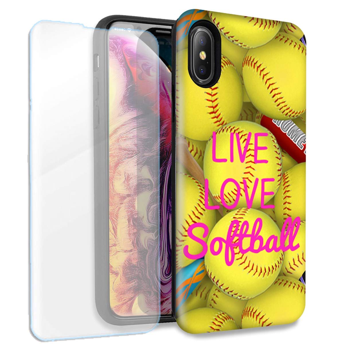 Double Layer iPhone Xs Max Case with Screen Protector for Softball Lovers