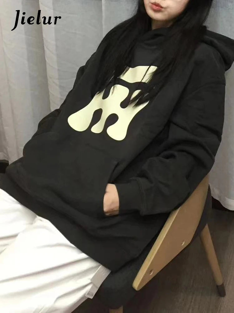 Black O-Neck Printed Women's Hoodies - Fashion Casual Pullover Sweatshirt with Pockets for Women | Office Wear, Street Style & Everyday Comfort