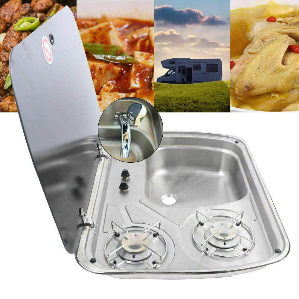 Portable 2 Burner Gas Stove with Sink Combo for RV, Camper, Boat - LPG Powered with Glass Lid (GR-588, Faucet Not Included) - Perfect for Outdoor Cooking & Camping Trips