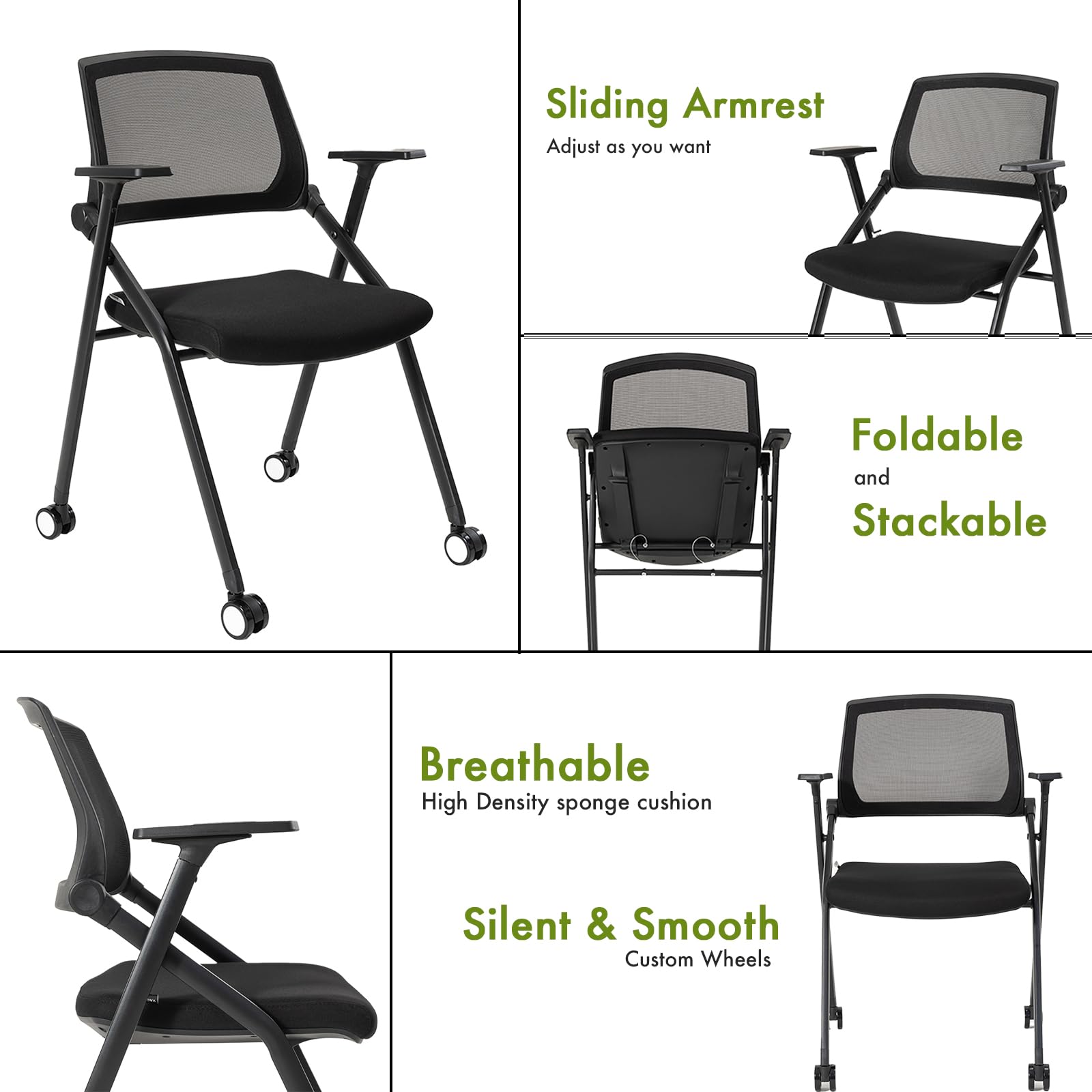 10 Pack Black Conference Room Chairs with Wheels & Adjustable Armrests - Foldable Stackable Office Chairs for School, Church, Waiting Room & Meeting Spaces