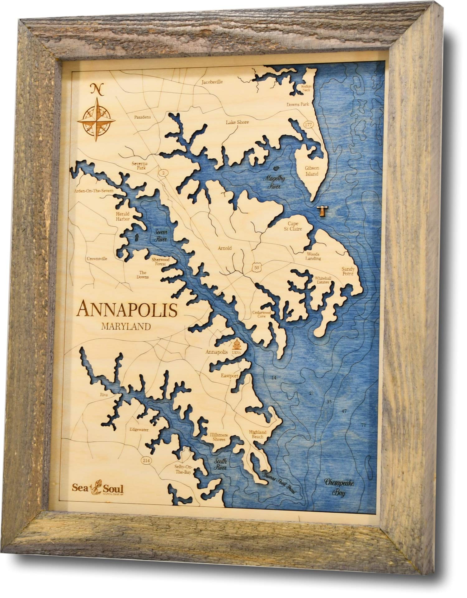 Sea & Soul Annapolis 3D Nautical Wood Map Wall Art - Handcrafted USA-Made 13”x16” Coastal Decor - Rustic Pine & Deep Blue Wooden Chart - Perfect for Beach House, Office, or Lake Cabin Decor - Unique Housewarming & Wedding Gift Idea