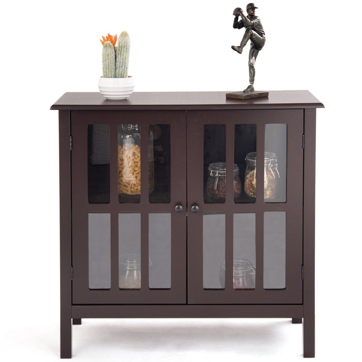Brown Glass Door Storage Buffet Cabinet - Sideboard Console Table for Kitchen & Dining Room - Perfect for Displaying China, Serving Food, and Organizing Dining Essentials