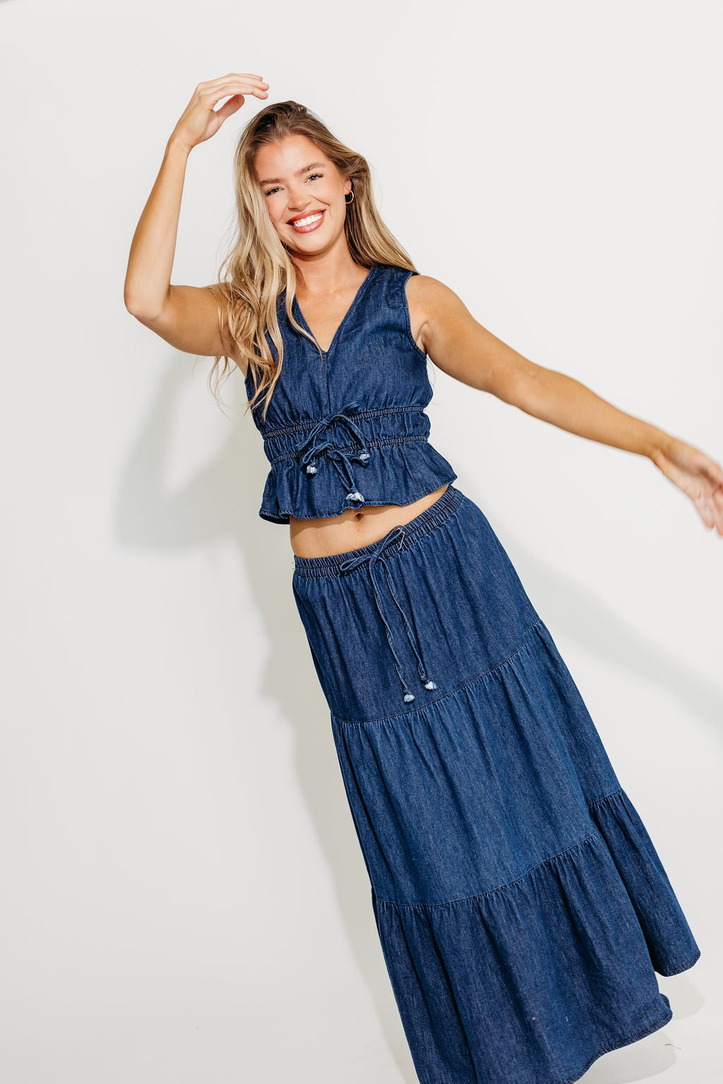 Noah Women's 100% Cotton Denim Peplum Top & Midi Skirt Set - Casual Outfit for Spring Summer | Perfect for Date Night, Office Wear & Weekend Brunch