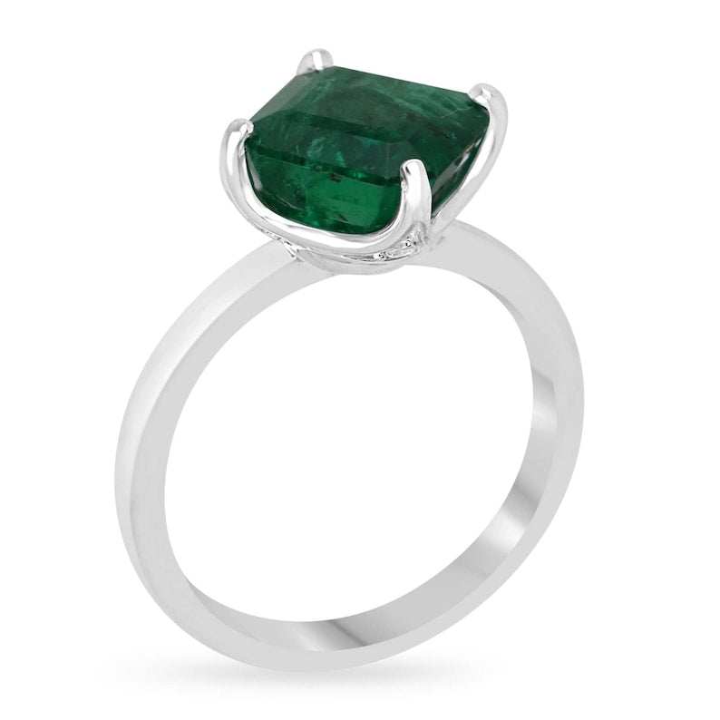 3.65tcw Asscher Cut Emerald & Diamond Accent Prong Set Ring in 14K White Gold | Elegant Wedding, Engagement & Anniversary Jewelry Gift for Women