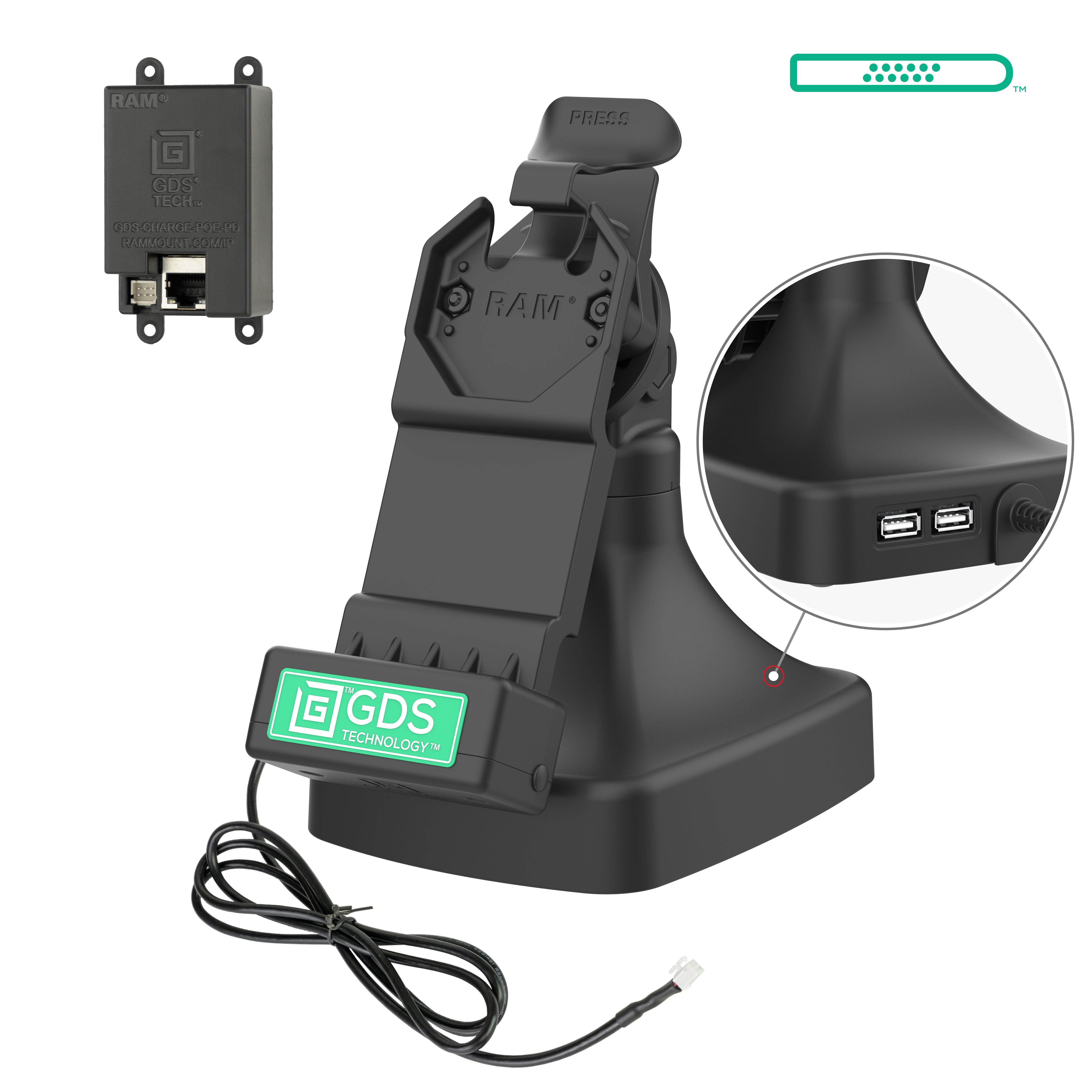 GDS® Uni Conn™ Tilt & Swivel Dock with PoE + Data (RAM GDS DOCK D14 U1E 2A) - Universal Mounting Solution for Security Cameras & Network Devices - Perfect for Office, Home & Outdoor Surveillance Systems