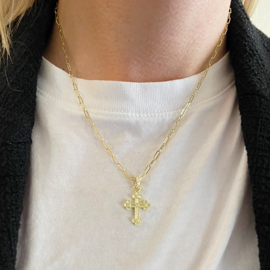 14K Gold Diamond Cross Pendant Necklace for Women - Paperclip Chain with Sparkling Stones, Perfect for Gifts, Weddings & Everyday Elegance