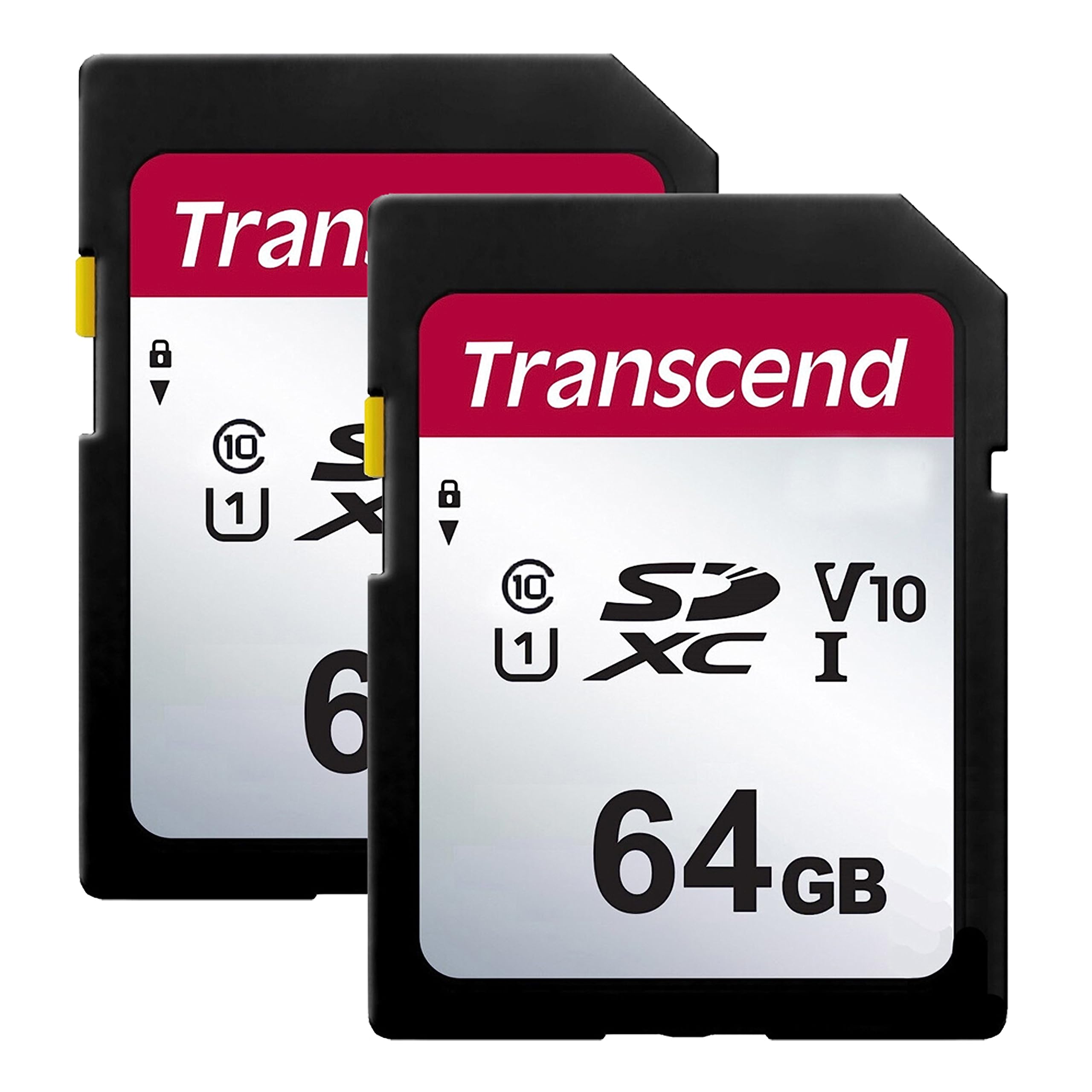 Transcend 64GB SDXC UHS-I Memory Card (Class 10, U1, 100MB/s) - 2-Pack - High-Speed for Panasonic HC-V380 Camcorder, DSLR, Action Camera & 4K Video Recording - 300 Series Secure Digital Storage
