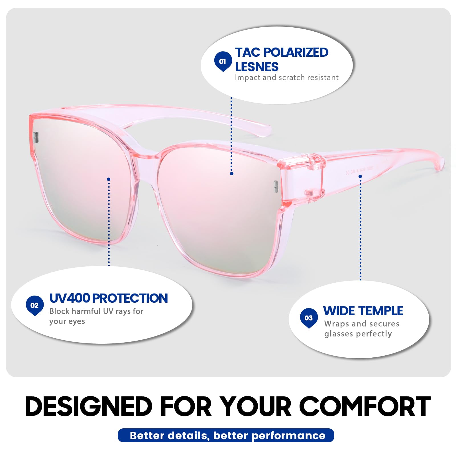 Xfeel Polarized Sunglasses for Women - Fit Over Prescription Glasses with UV400 Protection - Stylish & Comfortable for Driving, Outdoor Activities & Daily Wear