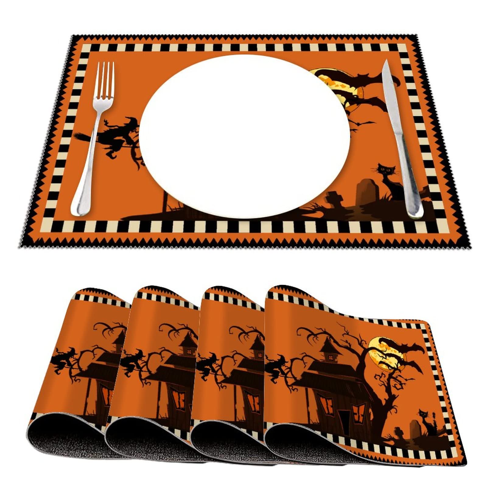 Happy Halloween Placemats Set of 4 - Wicked Pumpkin & Spider Design, Heat Resistant, Washable, Non-Slip Table Mats for Kitchen Dining - Perfect for Holiday Banquets, Fall Decor & Spooky Dinner Parties