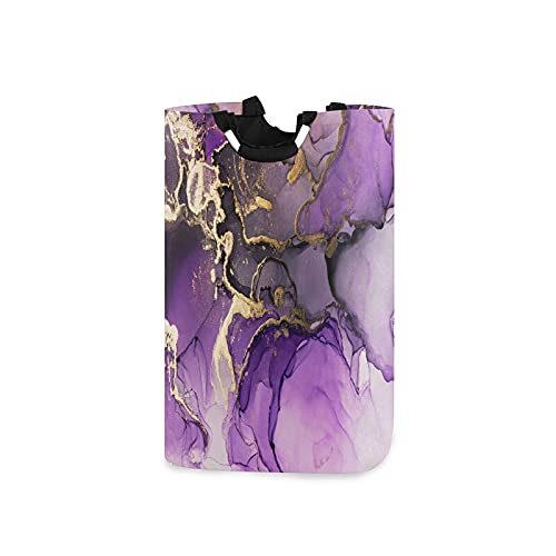 Waterproof Foldable Canvas Laundry Hamper with Handles - Large Storage Bin in Purple & Shiny Golden Marble | Perfect for Kids Room, Nursery Storage, Home Organization & Baby Clothes | Durable & Stylish Laundry Basket for Bedroom, Bathroom & Closet