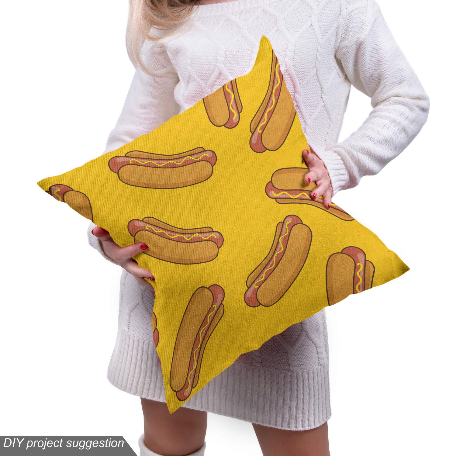 Ambesonne Hot Dog Print Fabric by The Yard - Simple Tasty Food Doodle Pattern with Frankfurter Bread Design - 2 Yards Orange Apricot Decorative Cotton Material for Upholstery, DIY Crafts, Home Decor & Accents - Perfect for Pillow Covers, Curtains, Table Runners & Craft Projects