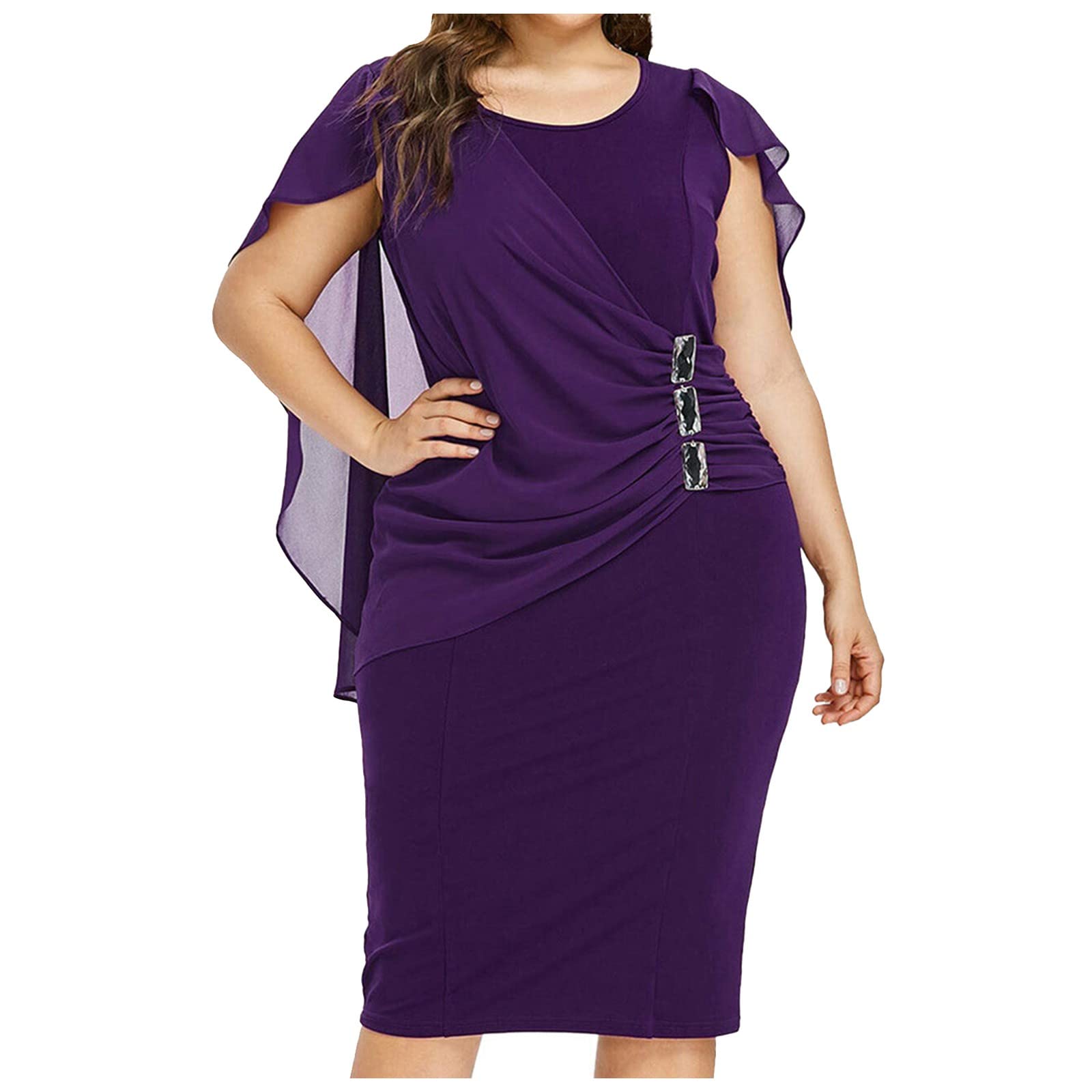 Plus Size Chiffon Ruffle Cape Sleeve Bodycon Pencil Dress for Women - Flattering Sleeveless Cocktail Party Dress | Perfect for Evening Events, Weddings & Special Occasions