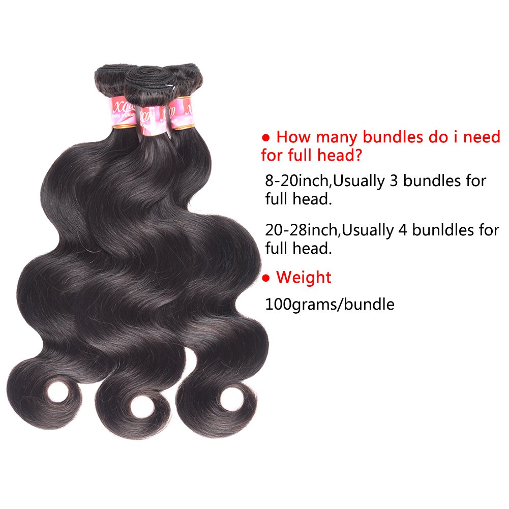 XCCOCO 3 Bundles Natural Black Body Wave Human Hair Weave with 4x4 Lace Closure - 100% Peruvian Virgin Remy Hair Extensions (10,10,12inch + 10inch Closure) for Styling, Weaving & Everyday Glam Looks