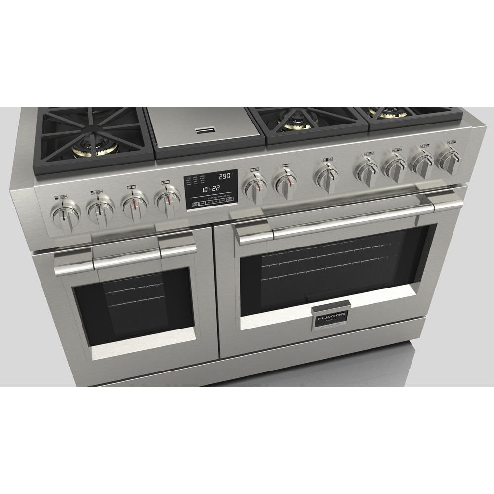 Fulgor Milano 48-inch 600 Series Dual Fuel Range with 6 Burners & Stainless Steel Trilaminate Griddle - Professional Gas Stove & Electric Oven Combo for Home Chefs (Model F6PDF486GS1) | Perfect for Gourmet Cooking, Baking & Entertaining in Modern Kitchens