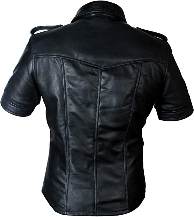 Genuine Sheep Leather Police Uniform Shirt for Men - Premium Real Leather Tactical Shirt for Law Enforcement, Cosplay & BLUF Events - Durable & Stylish Leather Shirt for Gay Men & Fashion Enthusiasts