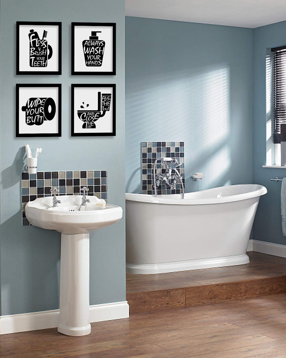 Funny Bathroom Wall Art Prints 8x10in - Set of 4 Black & White Signs for Bathroom Decor
