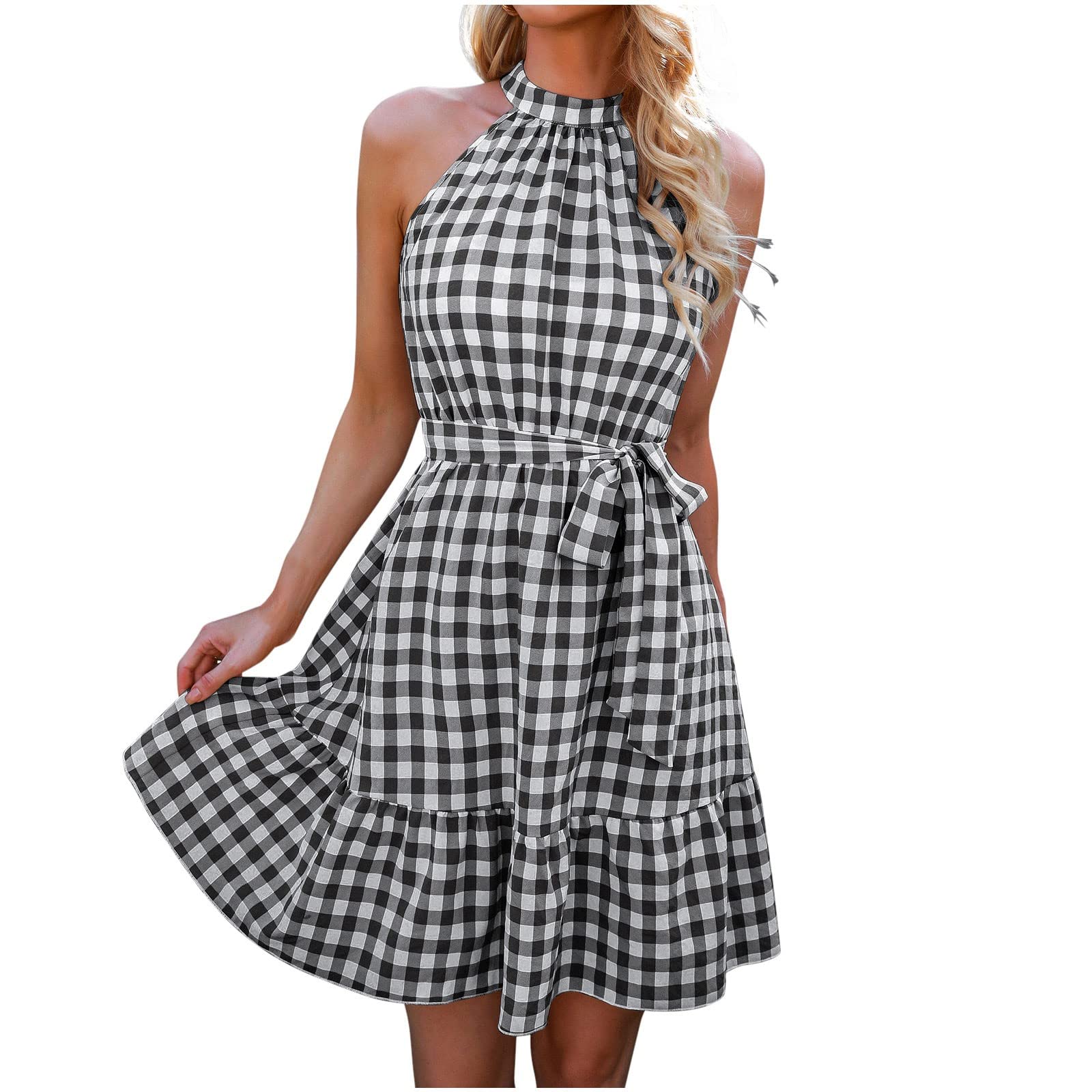 Stylish Women's Plaid Sleeveless Halter Neck Dress - Summer Ruffle Swing Tie Waist A-Line Dress for Casual Outings & Beach Vacations