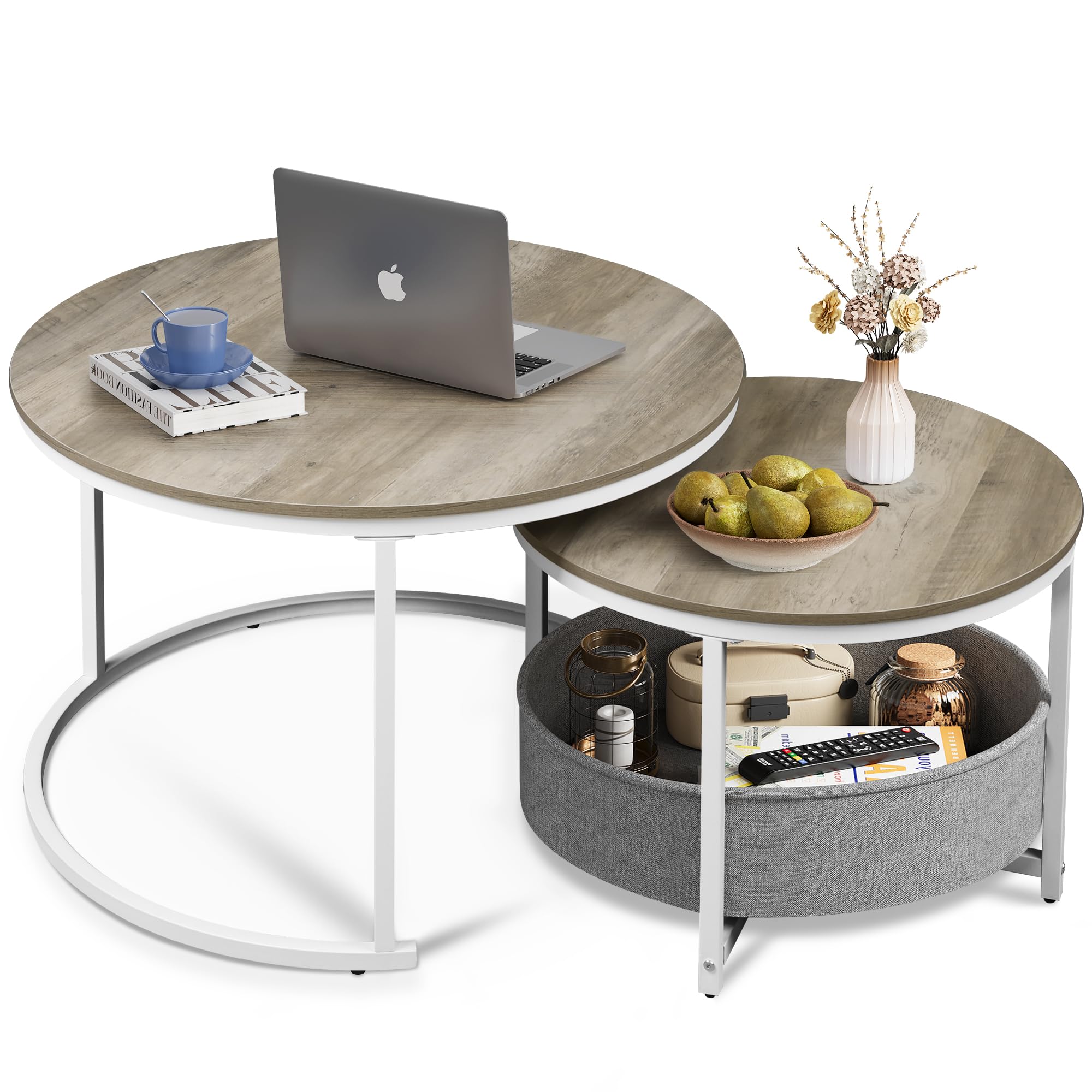 WLIVE Round Nesting Coffee Table Set of 2 with Storage - Small Space Saving Side Tables for Living Room, Bedroom & Office - Metal Frame & Fabric Basket in Grey & White - Perfect for Compact Apartments, Dorms and Outdoor Patios