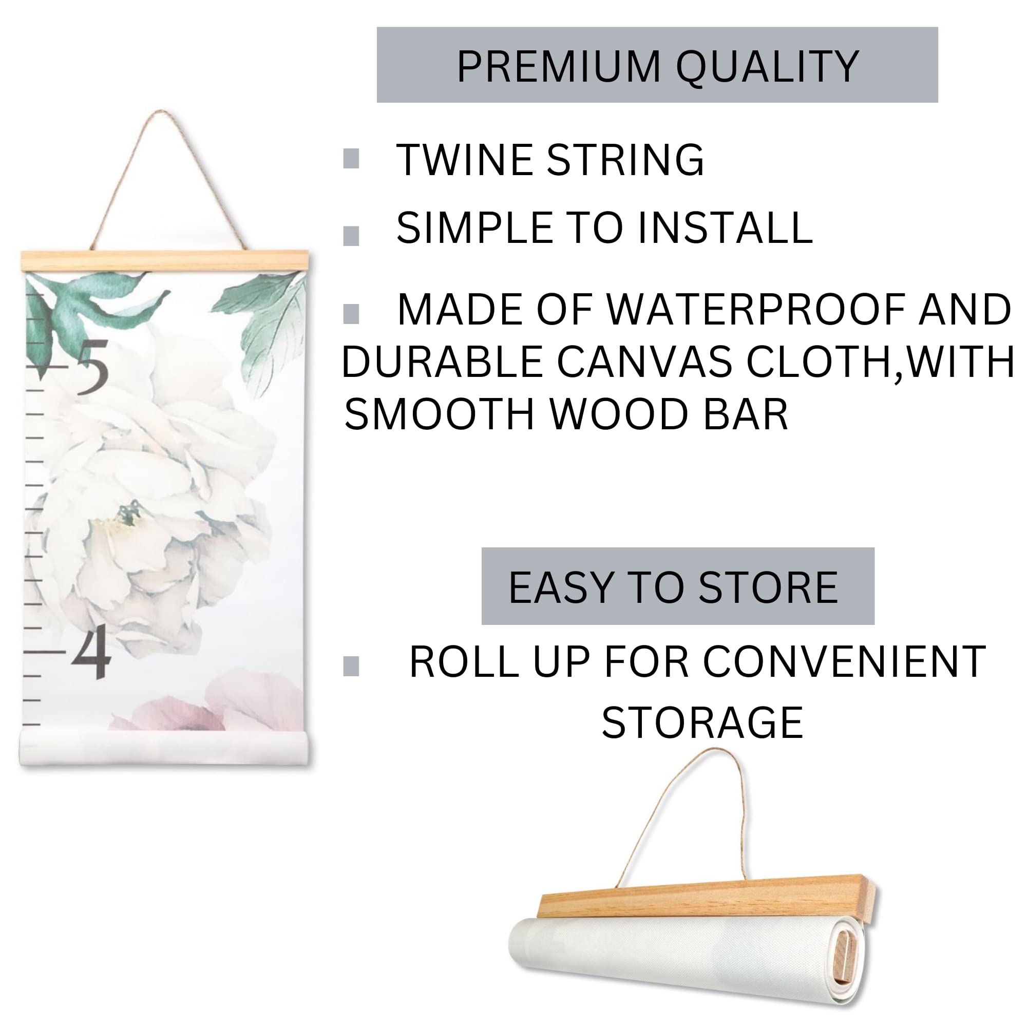 Morxy Canvas Growth Chart for Kids - Peonies Design Nursery Wall Decor - Baby Girl Room Decoration for Measuring Height - Perfect for Bedrooms, Playrooms & Gifts