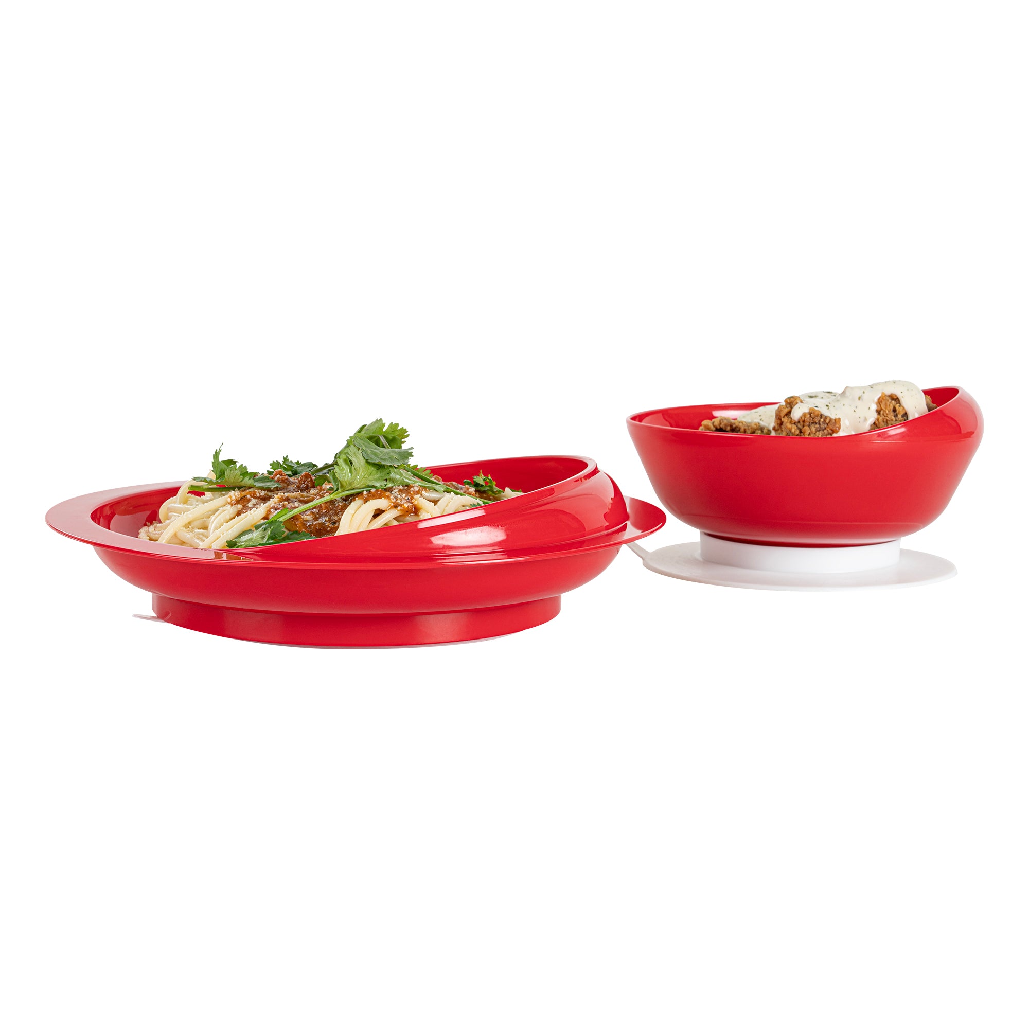 Adapt Tek Red Plastic 2-Piece Scoop Plate & Bowl Set with Spillproof Design & Suction Base - Includes 1 Plate & 1 Bowl for Toddlers - Perfect for Baby Feeding, Travel & Mess-Free Meals