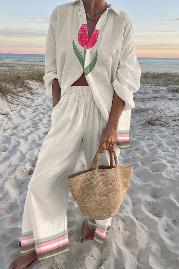 Floral Tulip Print Oversized Shirt & Stretchy Waist Pocket Pants Set - Comfortable Casual Outfit for Women, Spring Summer Loungewear, Vacation Travel Clothes