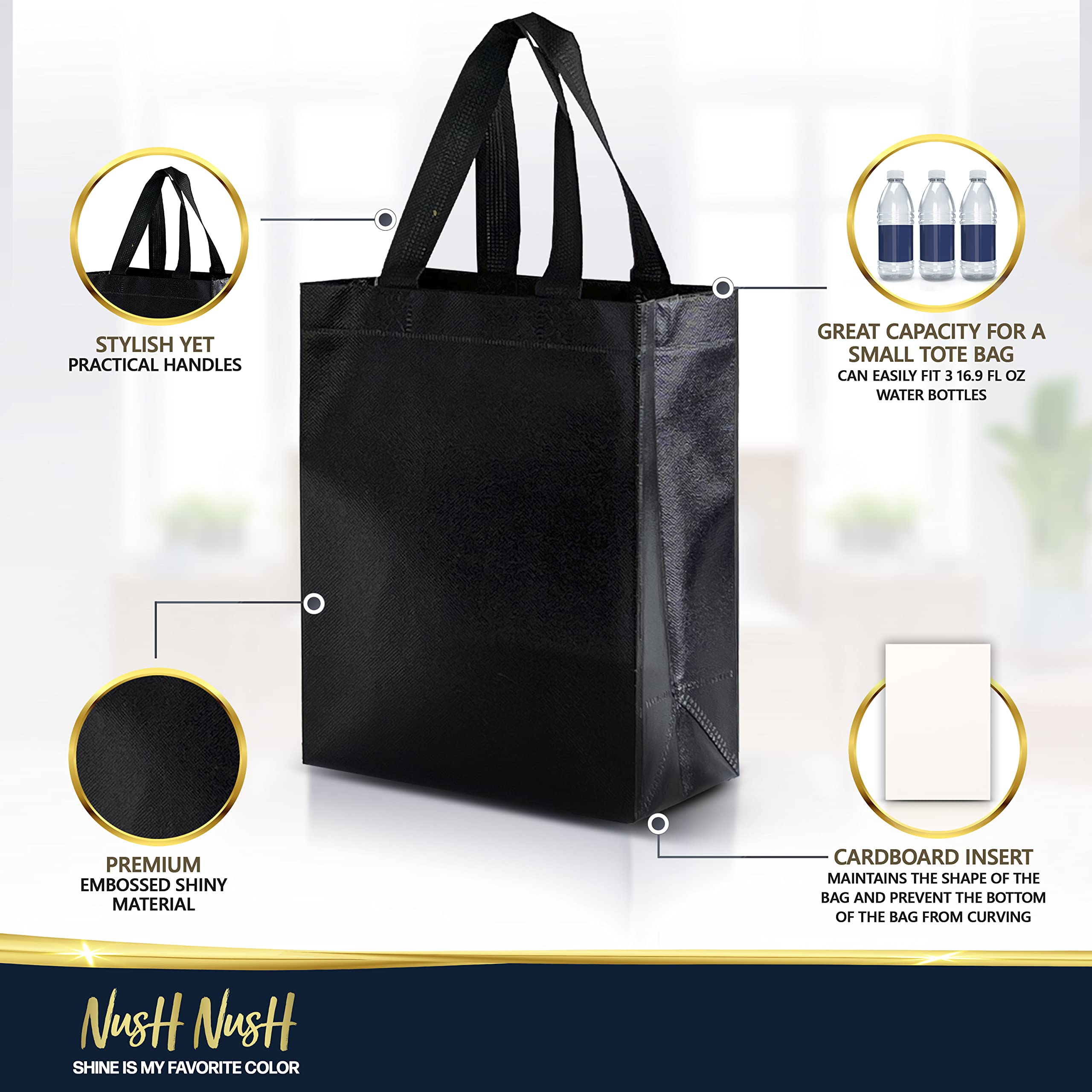 Nush Nush Medium Black Gift Bags Set of 12 - Shiny Reusable Gift Bags with Handles 8x4x10 Inches - Durable Party Favor Bags for Birthdays, Weddings, Baby Showers & Holidays - Bulk Goodie Bags for Events & Celebrations