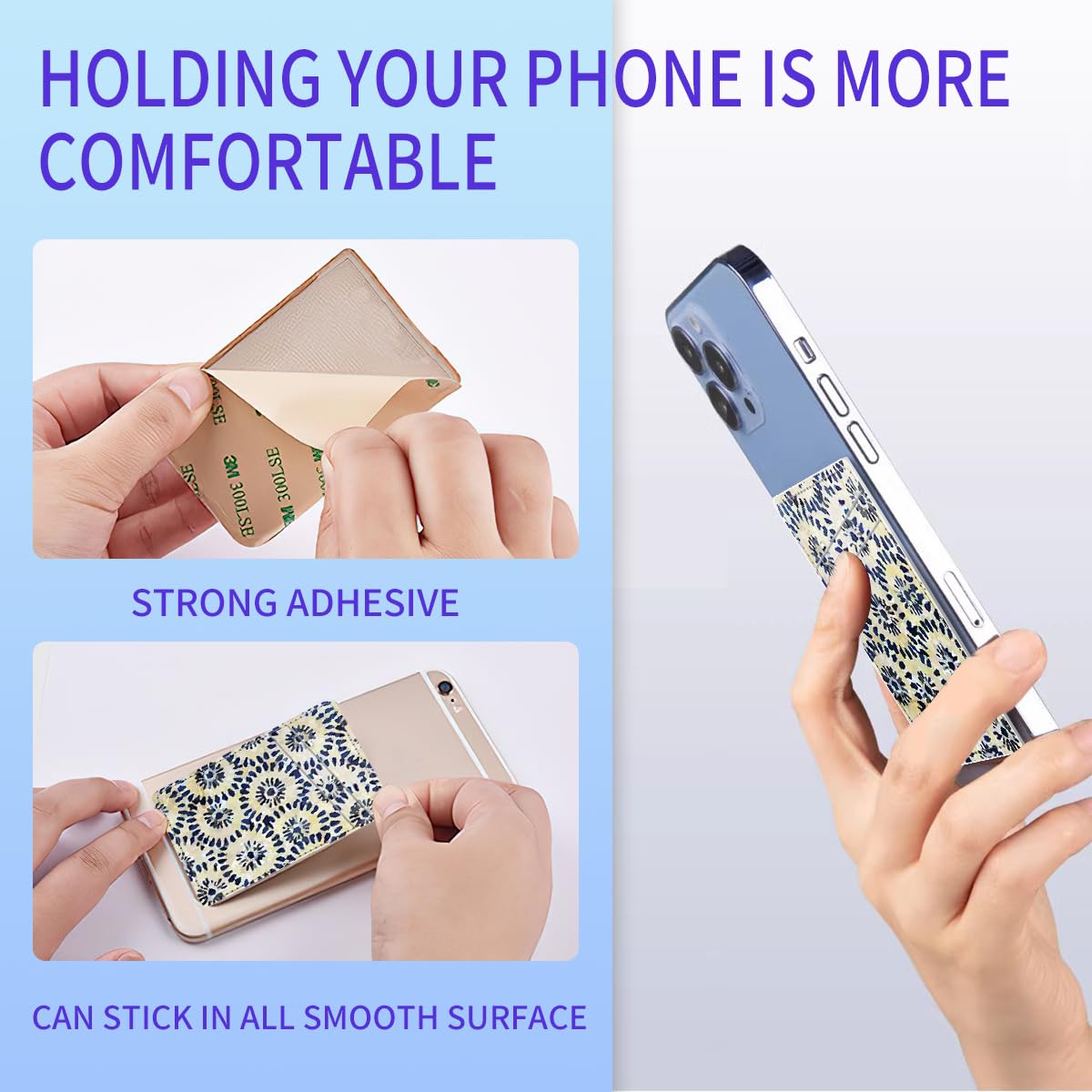 Stick-On Leather Phone Card Holder with Dual Pockets - Slim Wallet Sleeve for Most Smartphones (Blue Circle) - Perfect for Hands-Free Shopping, Travel & Everyday Use