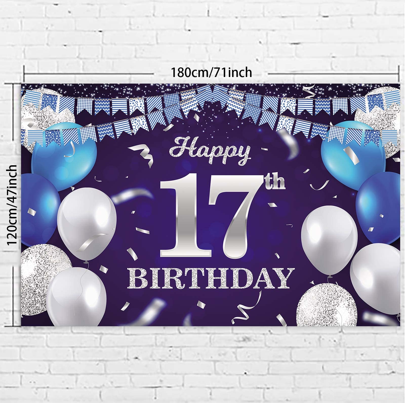 Happy 17th Birthday Banner - Navy Blue Balloons & Glitter Silver Confetti Backdrop with Striped Flags for Girls & Boys Birthday Party Decorations | Perfect for Sweet 17 Celebrations, Photo Booths & Milestone Birthday Parties