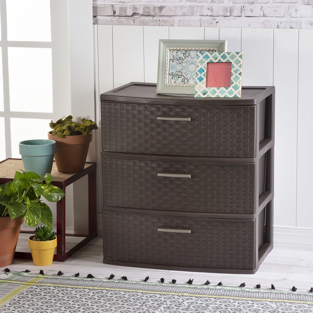 3-Drawer Wide Plastic Woven Storage Tower with Pull Handles - Decorative Organizer for Bedroom, Closet & Office - Espresso Brown - Compact Space Saving Design - Perfect for Small Spaces, Dorm Rooms & Home Organization (1-Pack)