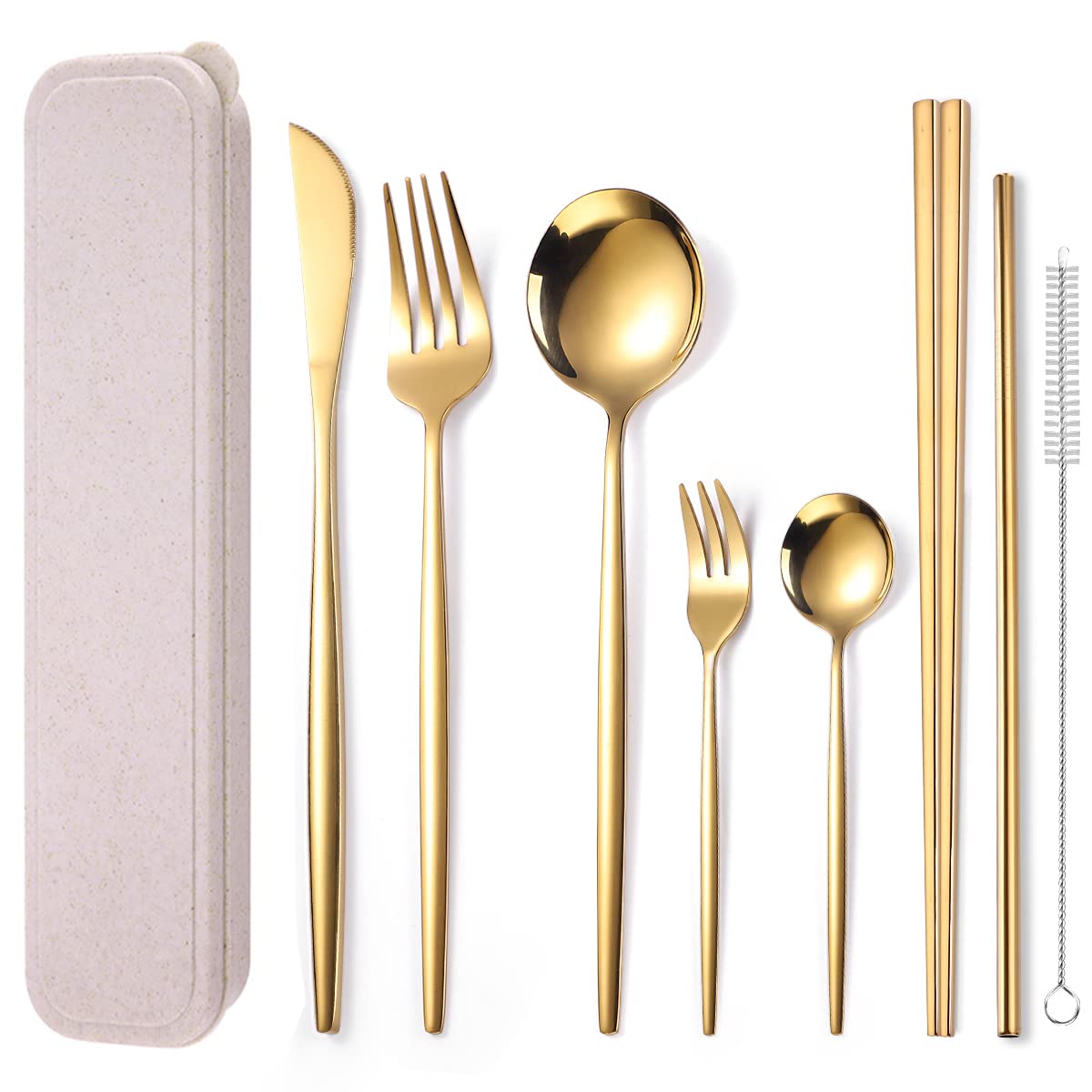 AARAINBOW 8-Piece Stainless Steel Travel Cutlery Set with Chopsticks & Cleaning Brush - Dishwasher Safe for Camping & Picnics (Golden)