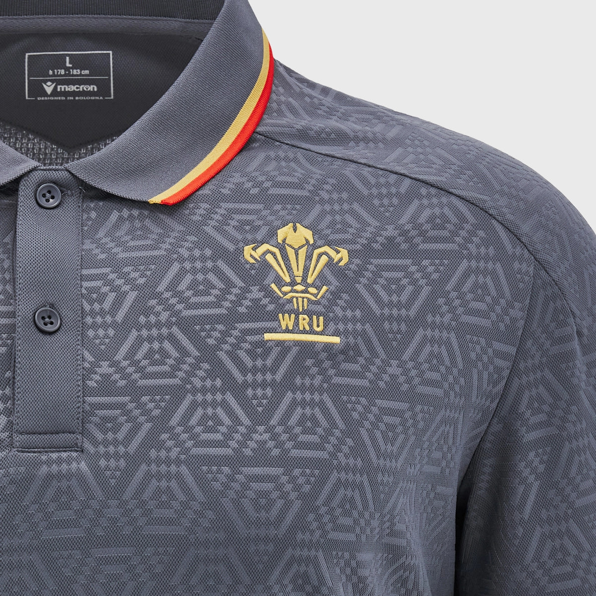 Wales Rugby Travel Polo Shirt for Men - Macron Official Teamwear in Anthracite Grey - Perfect for Rugby Matches, Travel & Casual Wear