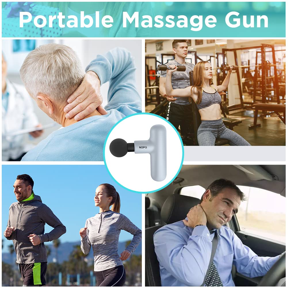 SK6 Mini Massage Gun - Portable Deep Tissue Percussion Muscle Massager with 4 Heads & 4 Speeds for Pain Relief - High-Intensity Vibration, Rechargeable (Gray) - Perfect for Athletes, Office Workers & Home Relaxation