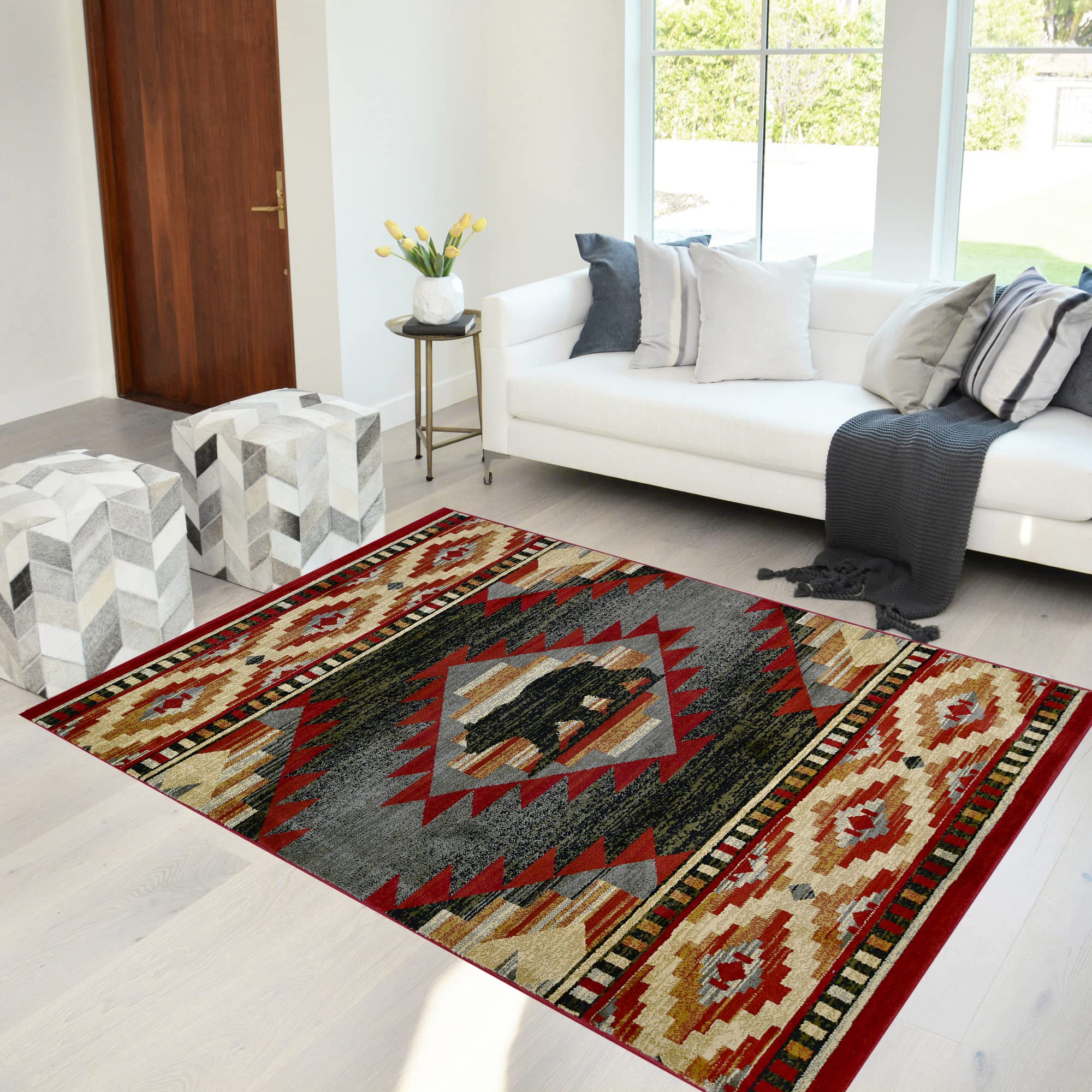 Vintage Lodge & Cabin Nature Rug with Bear Design - Abstract Multicolor Animal Area Rug for Cabin Decor & Cozy Home Living Room