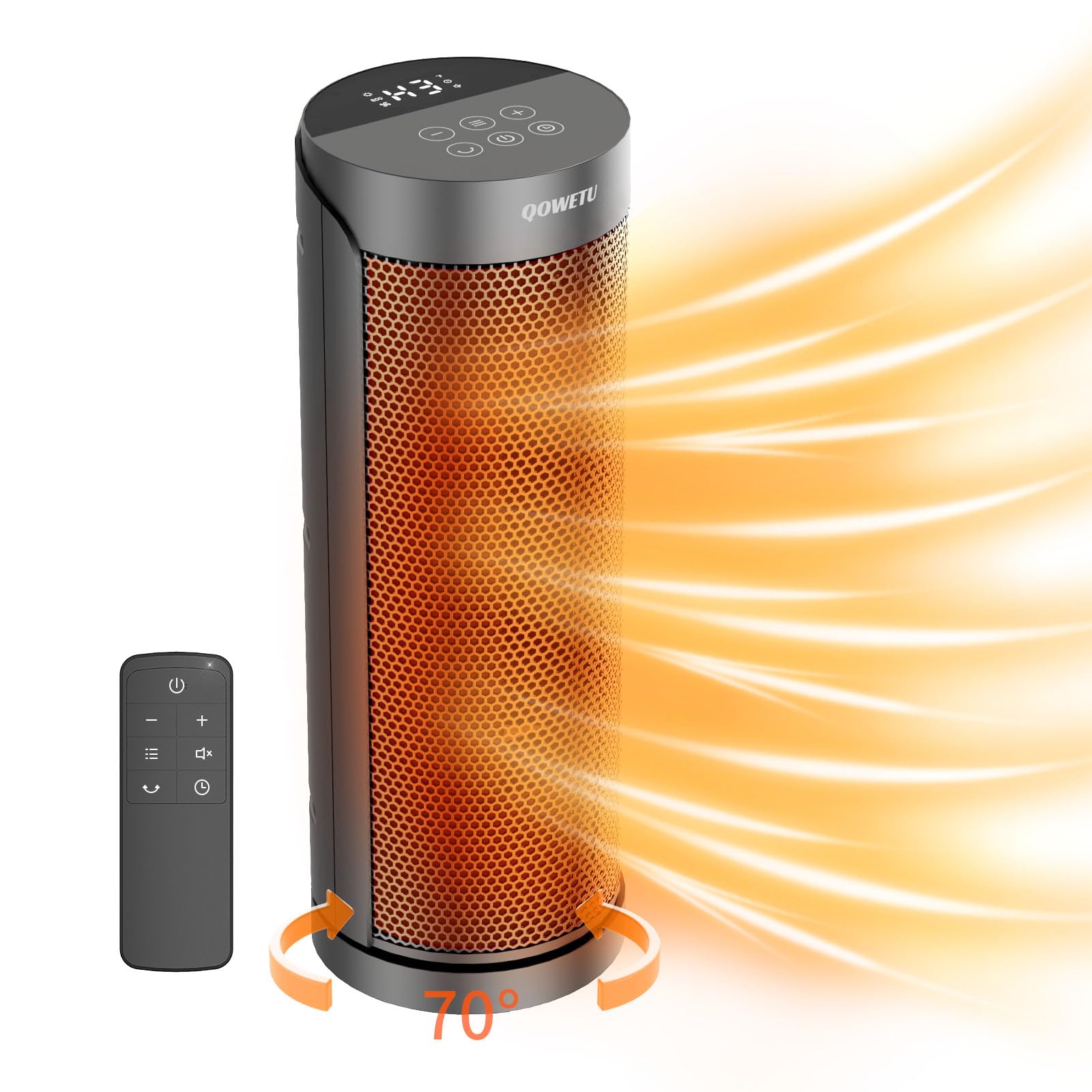QOWETU 1500W Portable Space Heater with Remote - 70° Oscillating Ceramic Heater for Home, 17 Inch Quiet PTC Heating with Thermostat & 12H Timer | Fast Safety Heat for Bedroom, Office & Indoor Use | Perfect for Winter Warmth & Energy Saving
