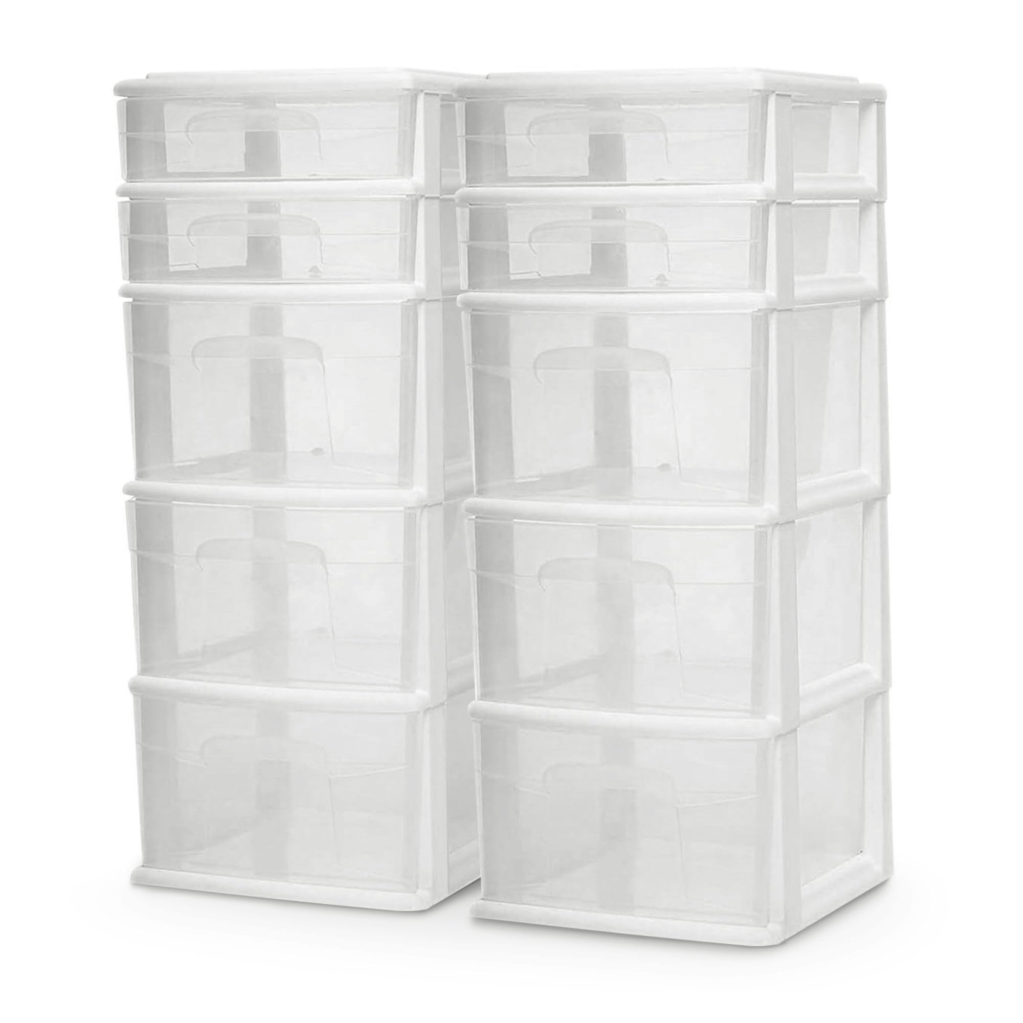 HOMZ 2-Pack 5-Tier Clear Plastic Storage Drawer Tower Organizer with White Frame - Perfect for Bedroom, Closet, Office & Craft Room Organization