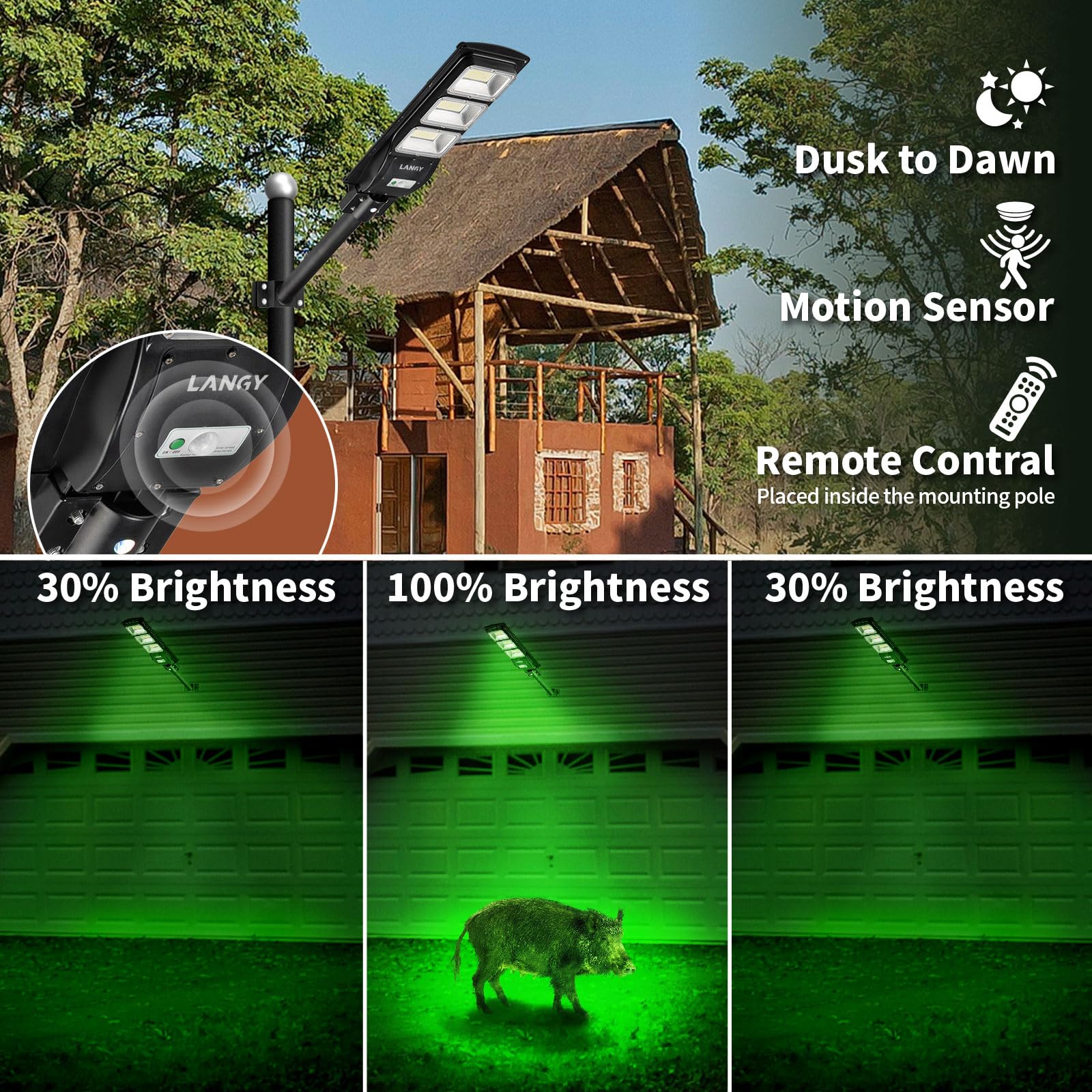 LANGY Solar Hog Lights 2-Pack – 18000 Lumens Motion Activated Hunting Lights with Remote & 20-Inch Pole – Green Solar Lights for Predator, Coyote, Varmint, Hog, and Deer Hunting – Perfect for Night Hunting, Farm Security, and Outdoor Wildlife Control