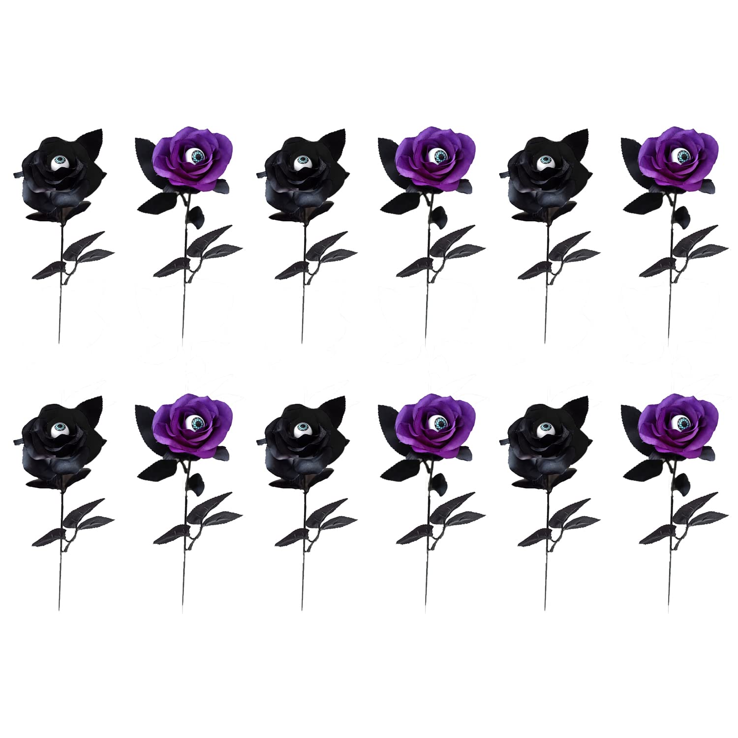12-Piece Halloween Eyeball Roses - Artificial Faux Rose Bouquet with Spooky Eyeballs for Halloween Decor, Cosplay, Party Centerpieces - Black & Purple Floral Arrangement for Haunted House, Gothic Wedding, and Themed Events