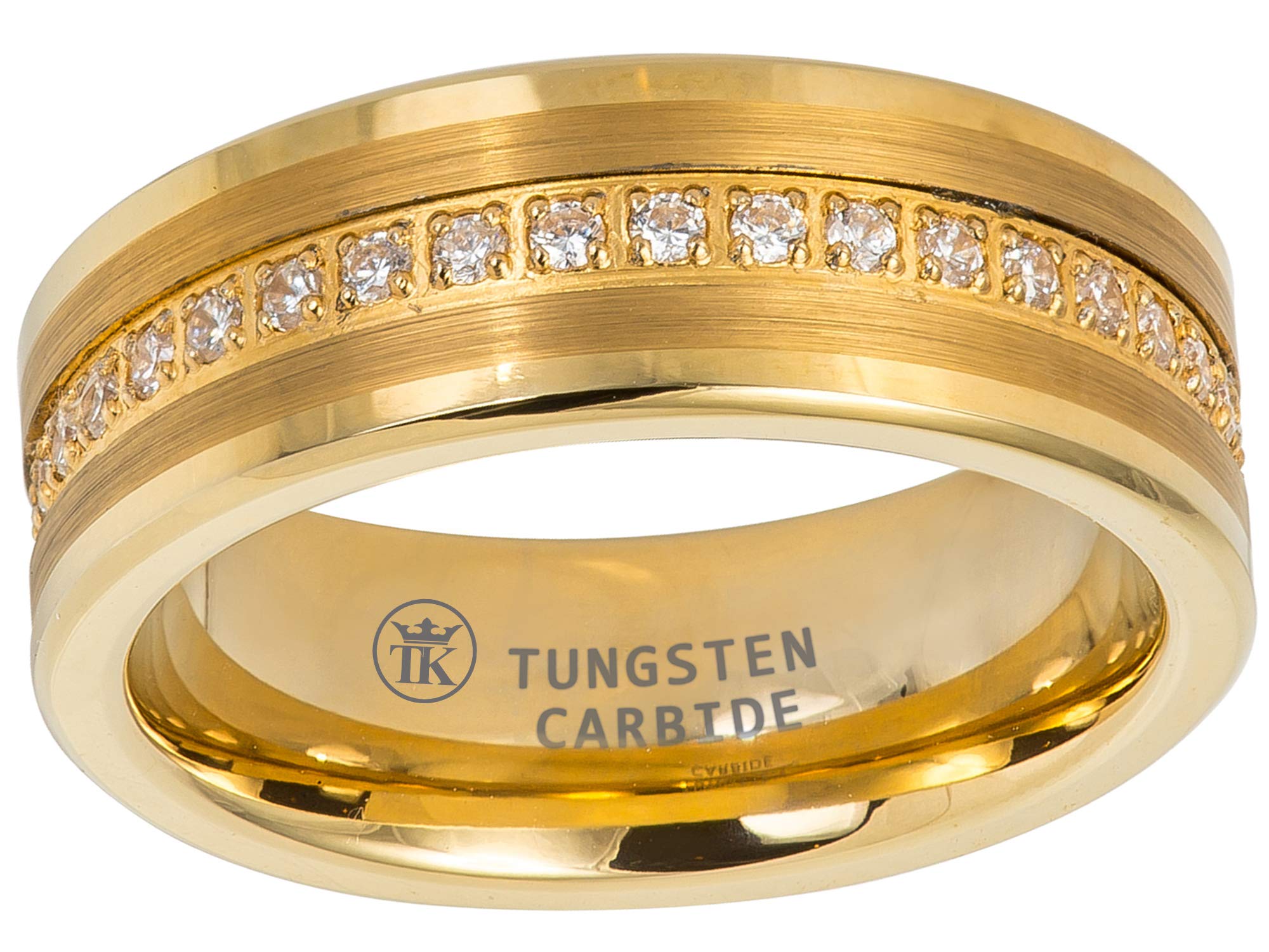 8mm Tungsten Carbide Men's Wedding Band - High Polished Yellow Gold Ion-Plated Pipe-Cut Brushed Design with Prong-Set Round CZ Stones | Comfort Fit Anniversary Ring for Him | Perfect for Weddings, Engagements & Special Occasions