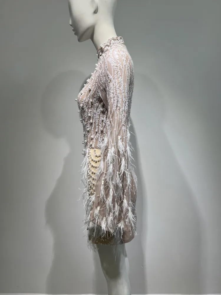 Elegant Women's Long Sleeve Feather Lace Bodycon Mini Dress for Evening Party, Birthday, Cocktail & Clubwear - Perfect for Night Out, Date Night & Special Occasions