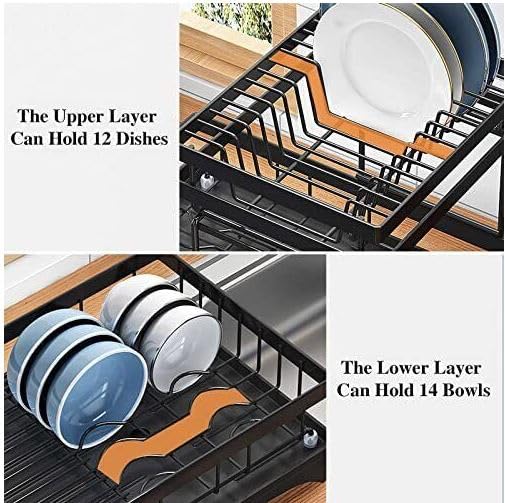 Premium 2-Tier Carbon Steel Dish Drying Rack with Drainboard | Detachable Dish Drainer & Organizer Shelf | Space Saving Kitchen Storage for Dishes, Utensils, Knives, Spoons & Forks | Ideal for Small Kitchens, Apartments & Countertop Organization