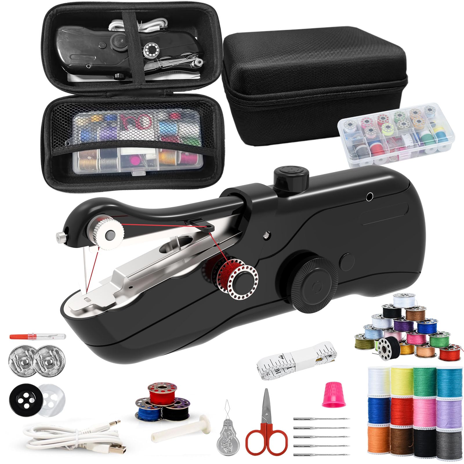 Portable Handheld Sewing Machine - 2 Speed Modes with Storage Case | Electric Mini Sewing Kit for Beginners | Easy to Use for Quick Repairs & DIY Crafts | Dark Black