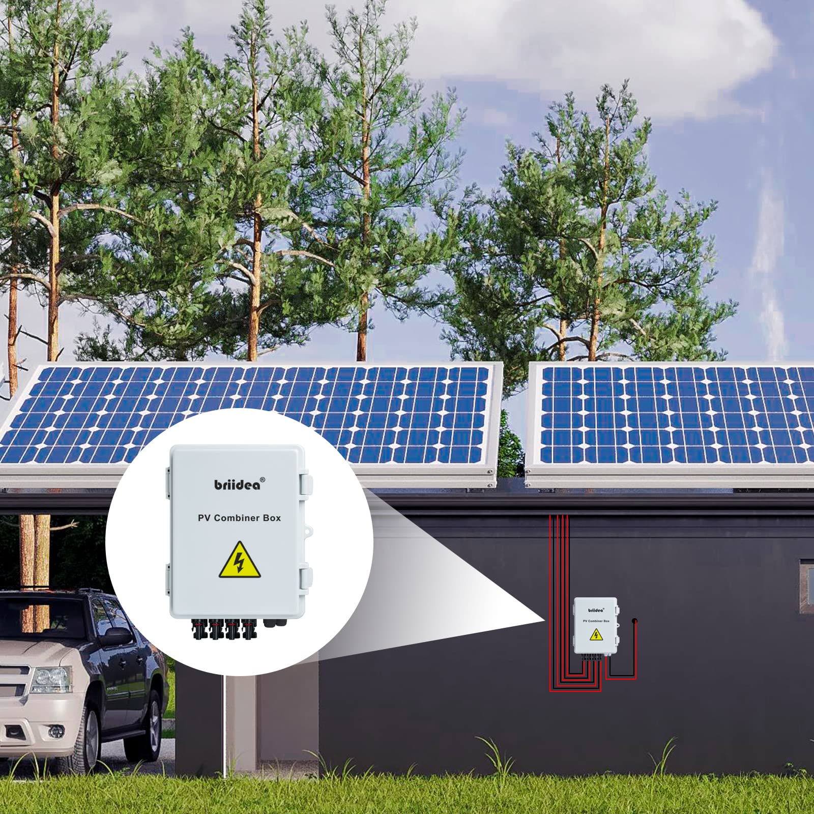 Briidea 4 String Solar Combiner Box with 10A Circuit Breakers & Lightning Arrester - IP65 Waterproof PV Combiner Box for Solar Panel Systems - Perfect for Home, RV & Off-Grid Solar Power Applications