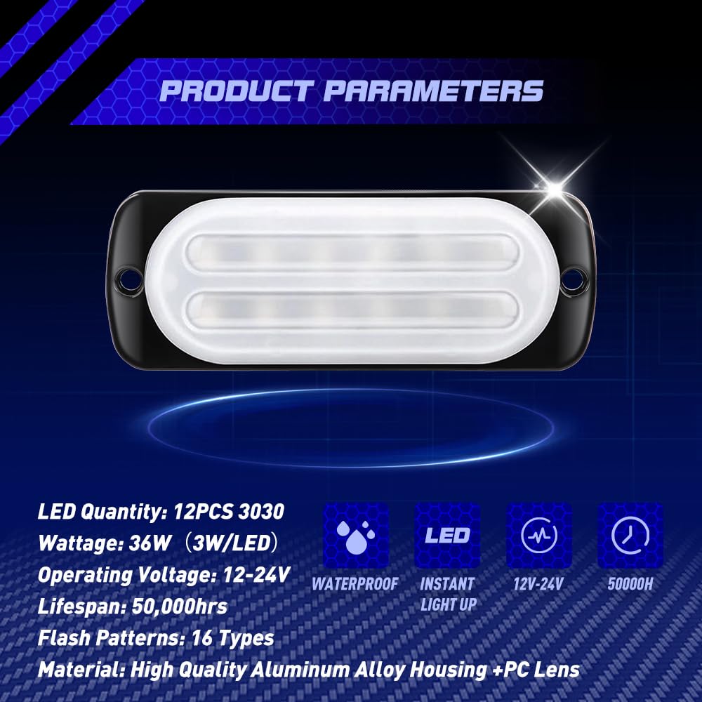 Sidaqi 4PCS 12LED Emergency Strobe Lights - Ultra Slim Surface Mount Flashing Hazard Lights for Vehicles 12-24V (Blue & White) - Perfect for Trucks, Emergency Vehicles & Construction Safety