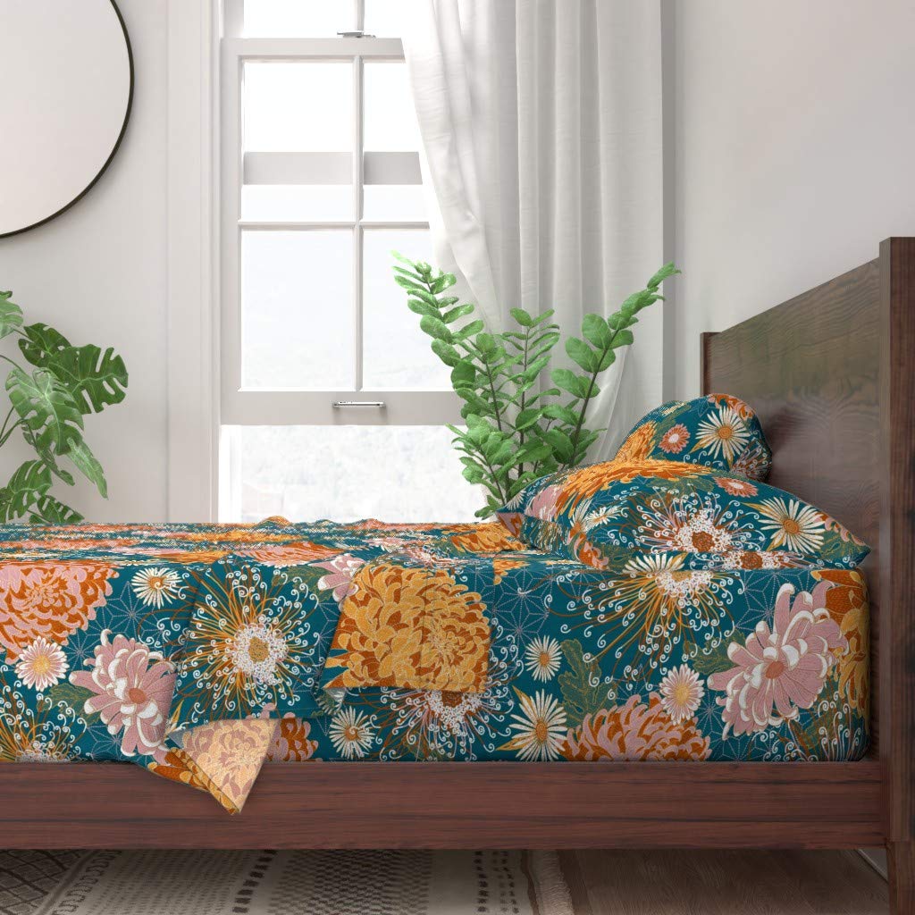100% Cotton Twin Sheet Set 3pc - Autumn Festival Floral Print, Chinese Style Teal Chrysanthemum Design | Custom Bedding for Fall Home Decor & Seasonal Bedroom Refresh