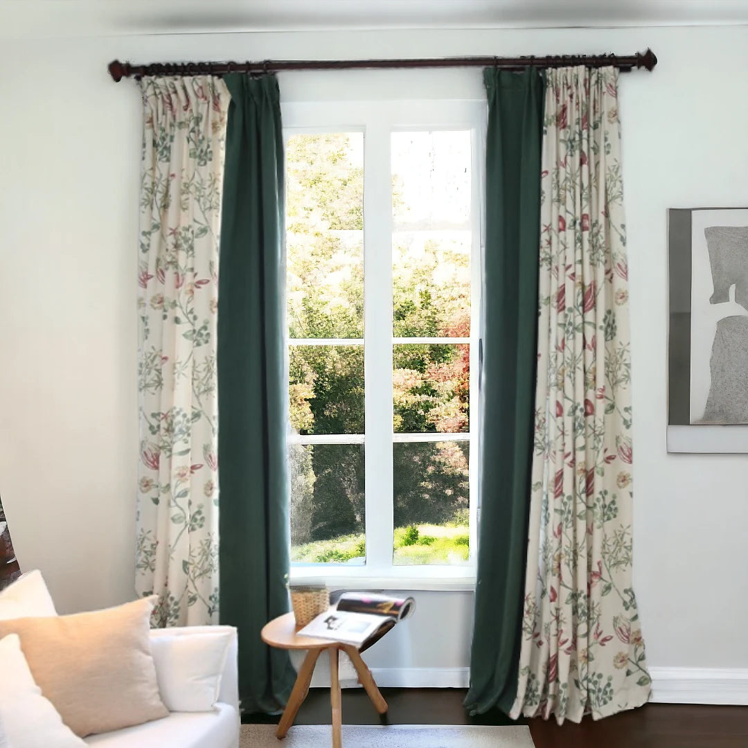 Reina Linen Color Blocking Floral Blackout Curtains - Custom Size Thermal Insulated Window Drapes for Living Room, Bedroom & Home Decor