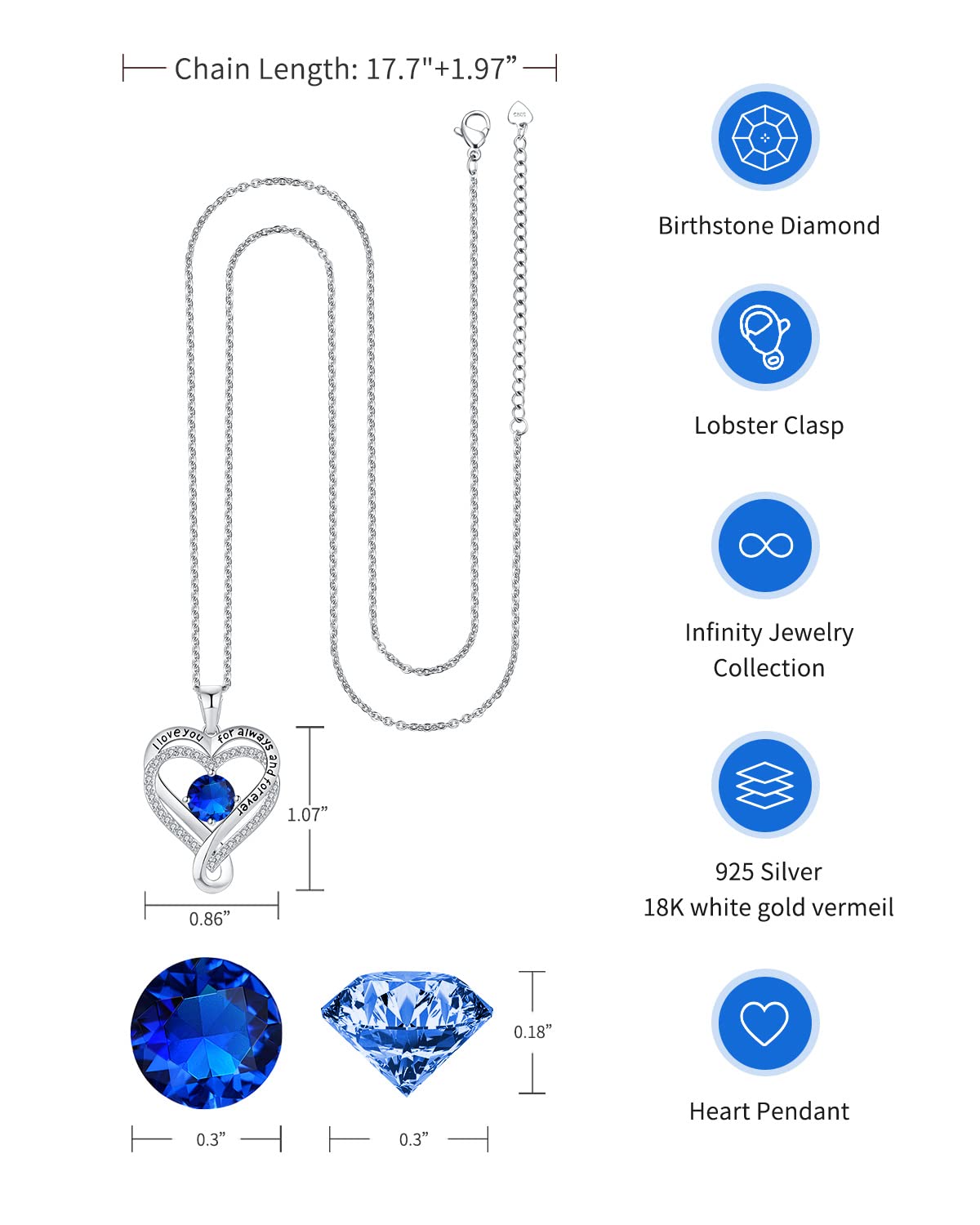Infinity Heart Birthstone Necklace for Women - S925 Sterling Silver I Love You Jewelry, Anniversary & Birthday Gift for Wife, Girlfriend, Mom, Daughter | Perfect for Valentine's Day, Mother's Day & Romantic Occasions
