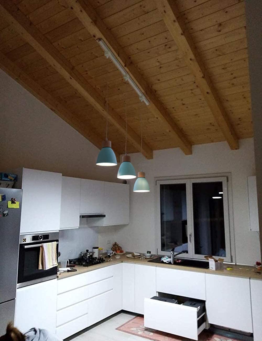 Kiven 3-Light J-Type Dimmable Track Lighting Fixture with Macaron Aluminum Shade - 24 Inch Blue | Modern Pendant Lighting for Kitchen, Dining Room & Retail Spaces