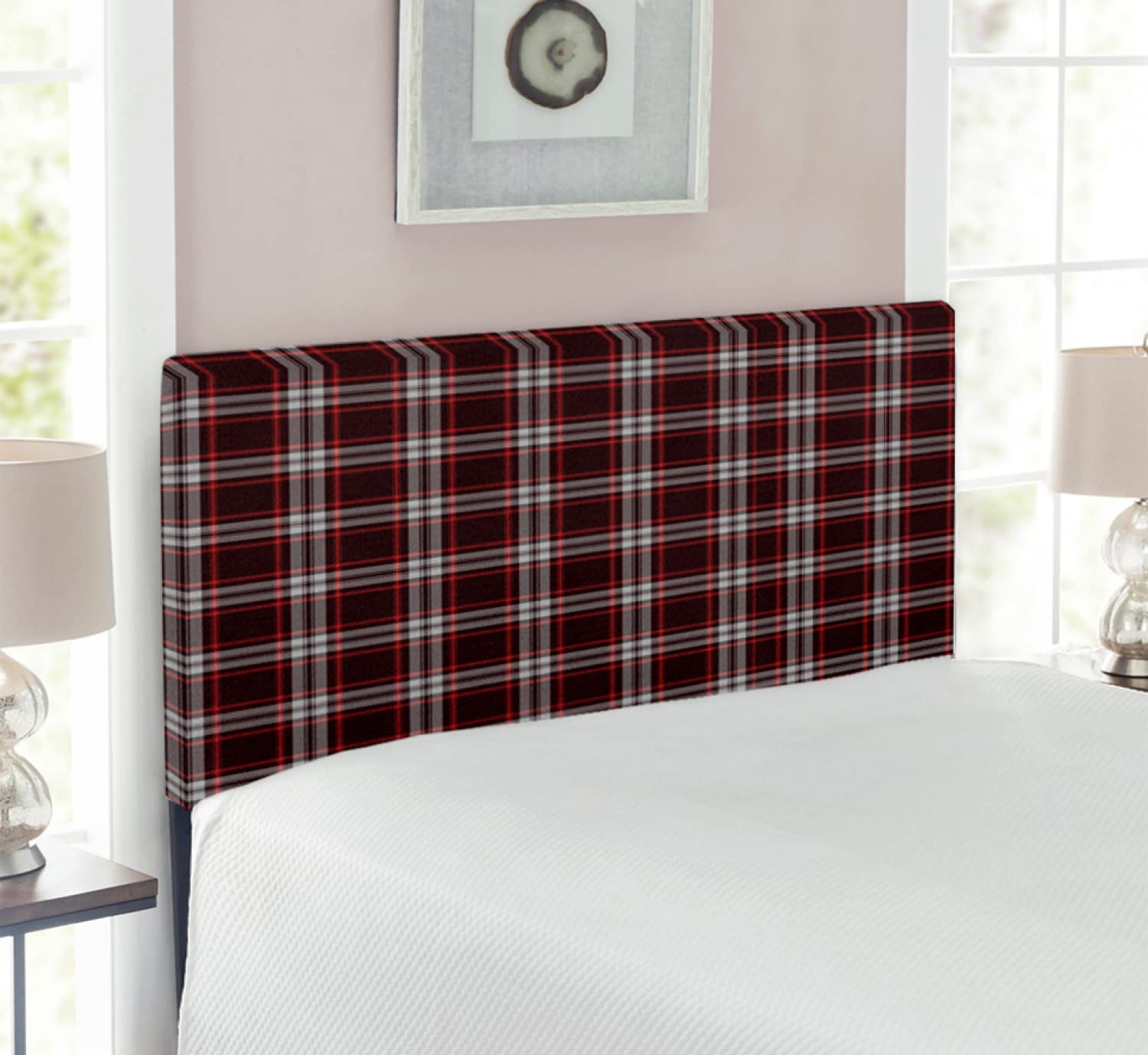 Ambesonne Plaid Upholstered Headboard with Memory Foam - Traditional Scottish Geometric Abstract Design - Twin Size Metal Bed Frame in Vermilion Eggplant - Perfect for Bedroom Decor, Guest Rooms & Dormitory Style