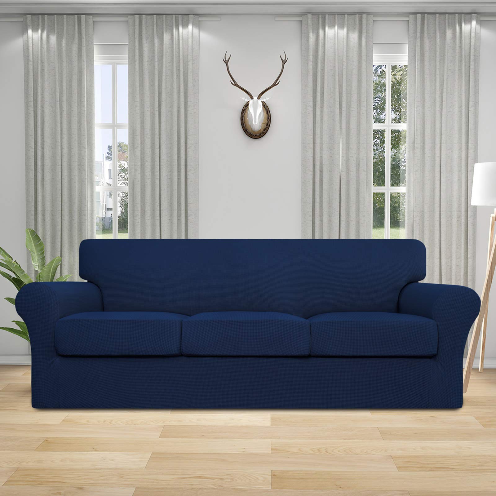 4-Piece Stretch Sofa Cover for Pets & Kids - Washable Jacquard Fabric Elastic Couch Slipcover Protector Fits 3-Cushion Couches (Navy Blue) - Perfect for Pet Owners, Families with Children & Furniture Protection