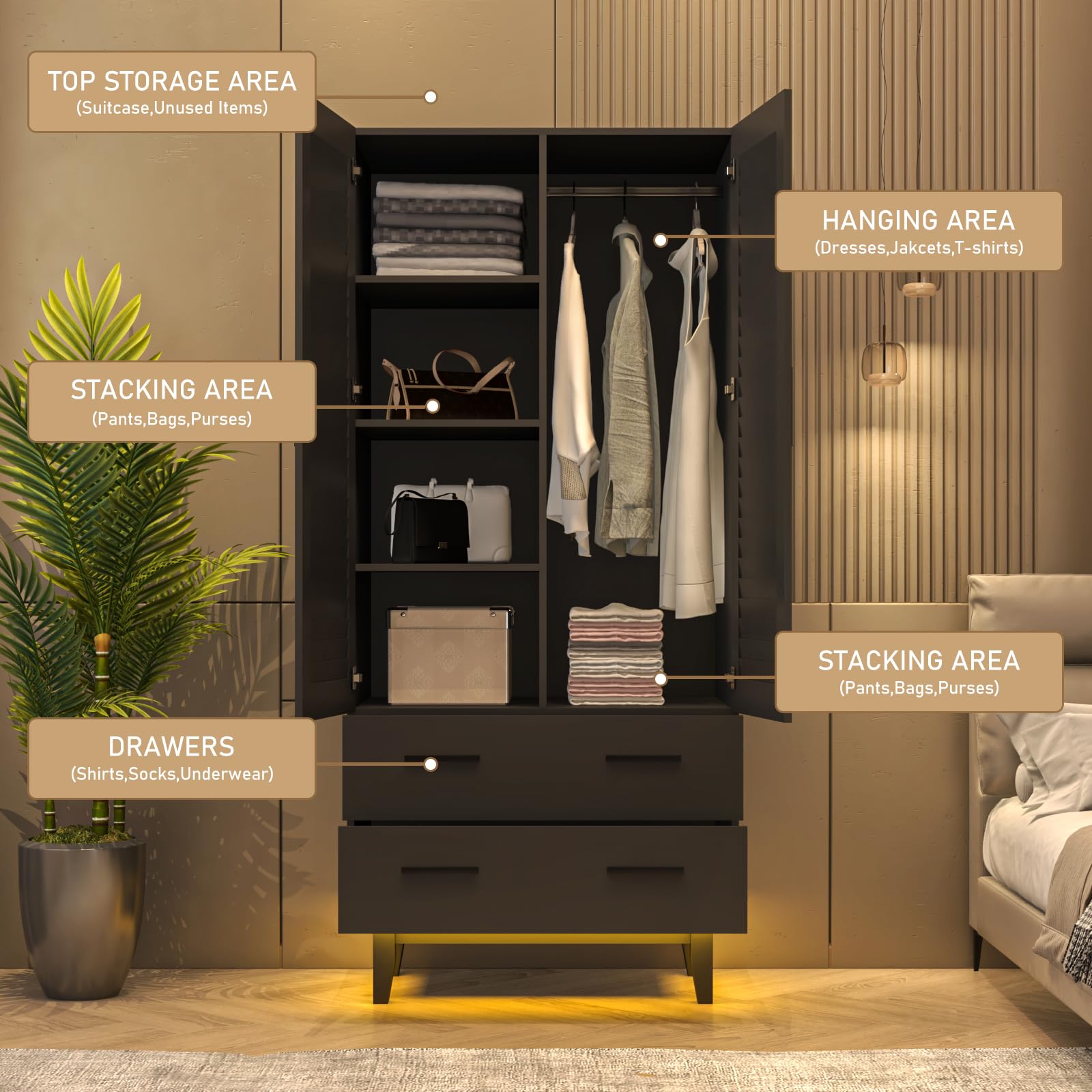 2 Door Wardrobe with LED Lights & Shelves - Large Storage for Bedroom Closet Organization